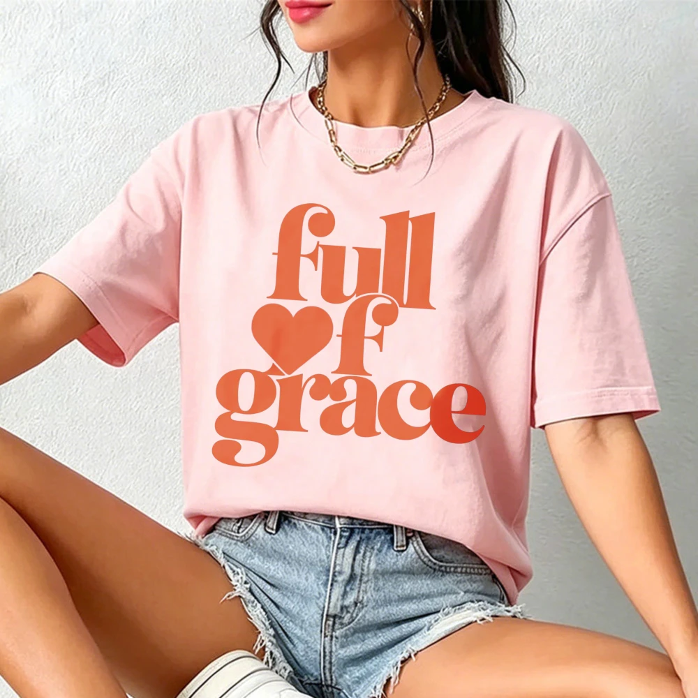 Full Of Grace Cotton T-Shirt Christian Faith Graphic Tee Gift For Christian Women Bible Verse Inspired Church Apparel Sunday Tee