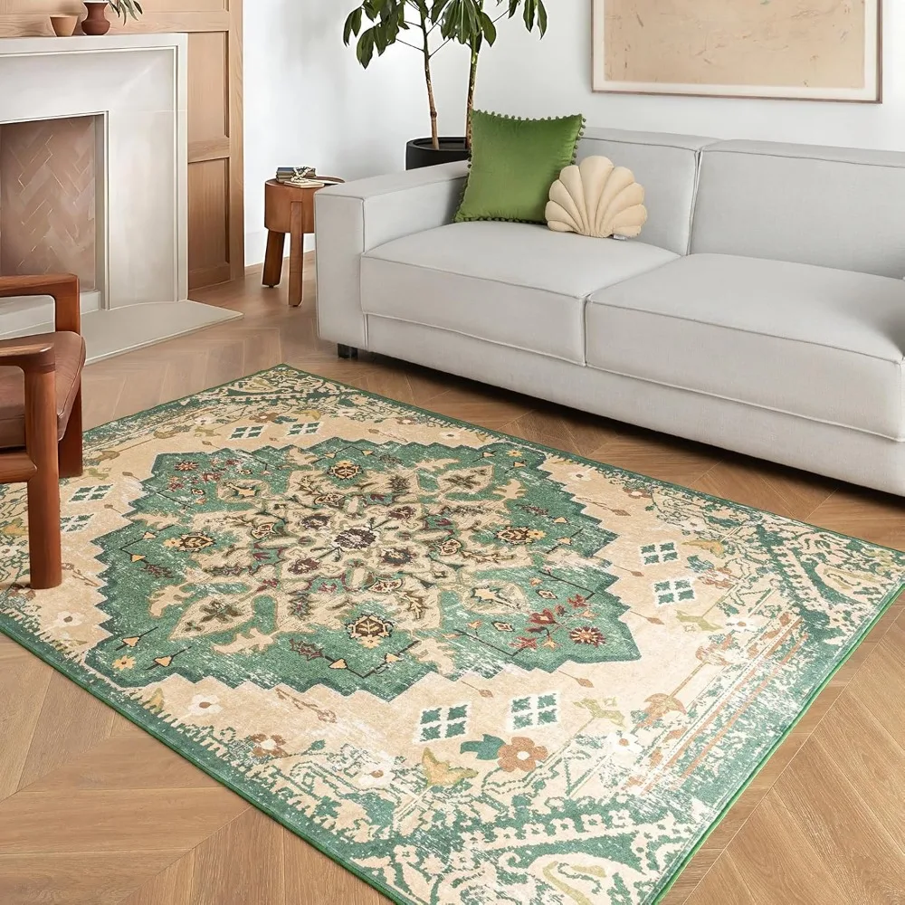 

Ashler Boho Rug, 6x9 Area Rugs, Ultra-Thin Vintage Rugs, Large Area Rug, Rugs for Living Room, Bedroom, Kitchen, Green/Beige Hom