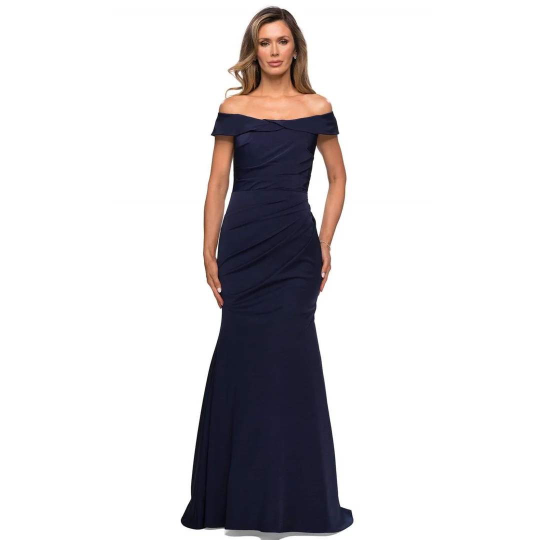 

Vintage Off the Shoulder Mermaid Evening Dresses Women's Boat-neck Satin Backless Pleated Ruffles Ruched Elegant Cocktail Dress