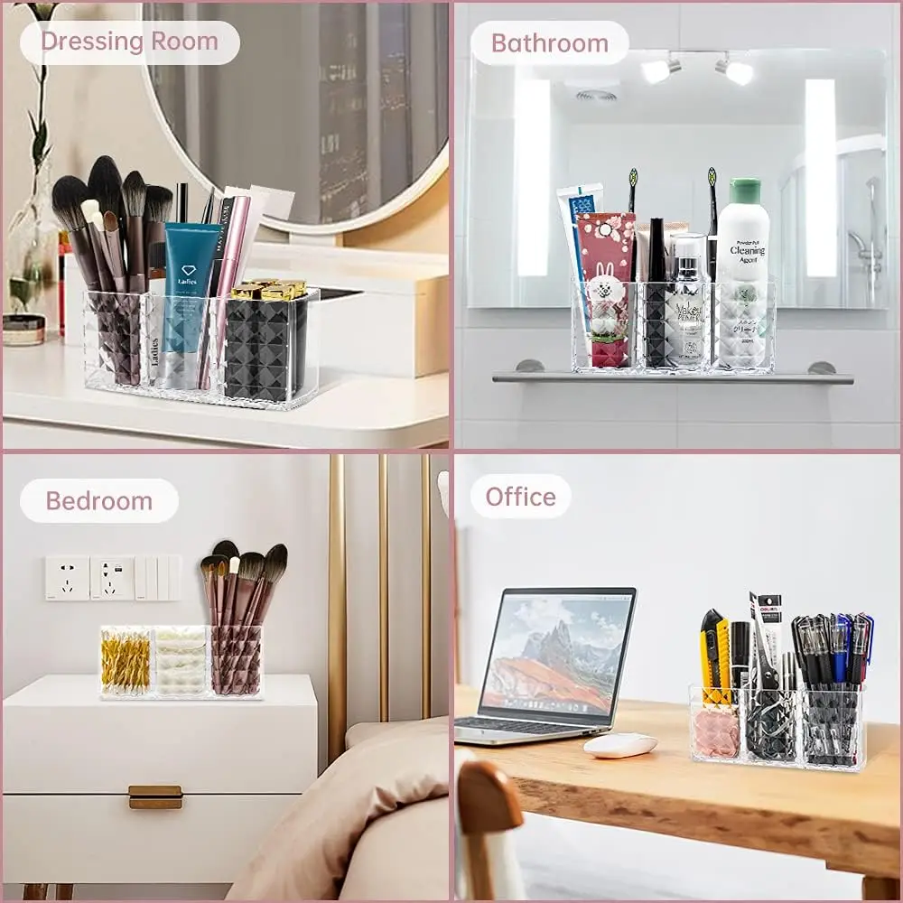 Organisateur cosmétique, porte-brosse de maquillage en cristal à 3 compartiments pour eye-liners, rouge à lèvres, mascara, rangement de maquillage en acrylique pour le bain