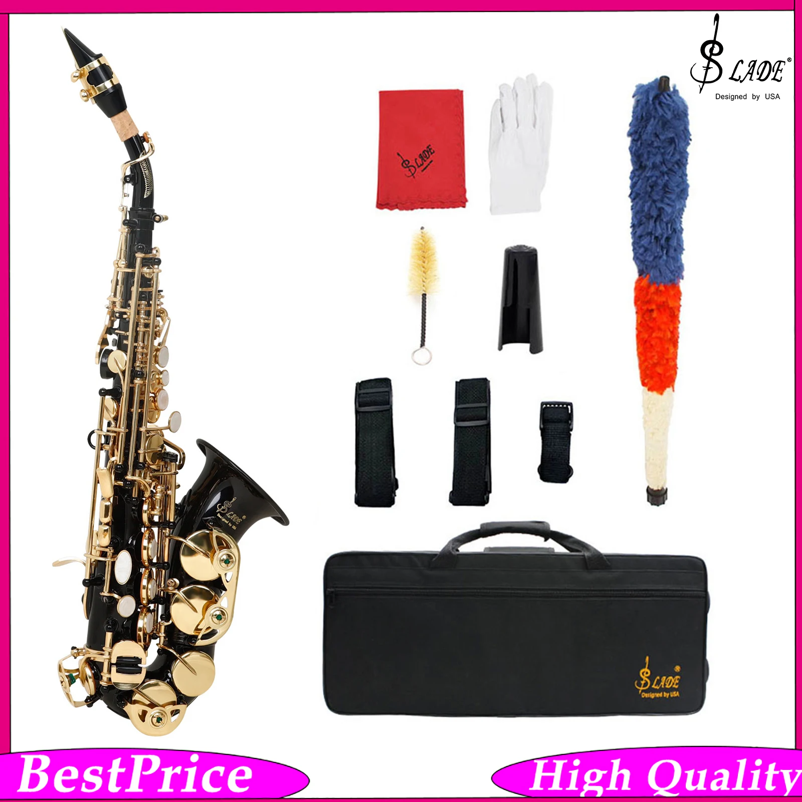 SLADE Soprano Saxophone Bb Flat Brass Tube Body Saxophone Professional Woodwind Instrument with Accessories for Sax Performance