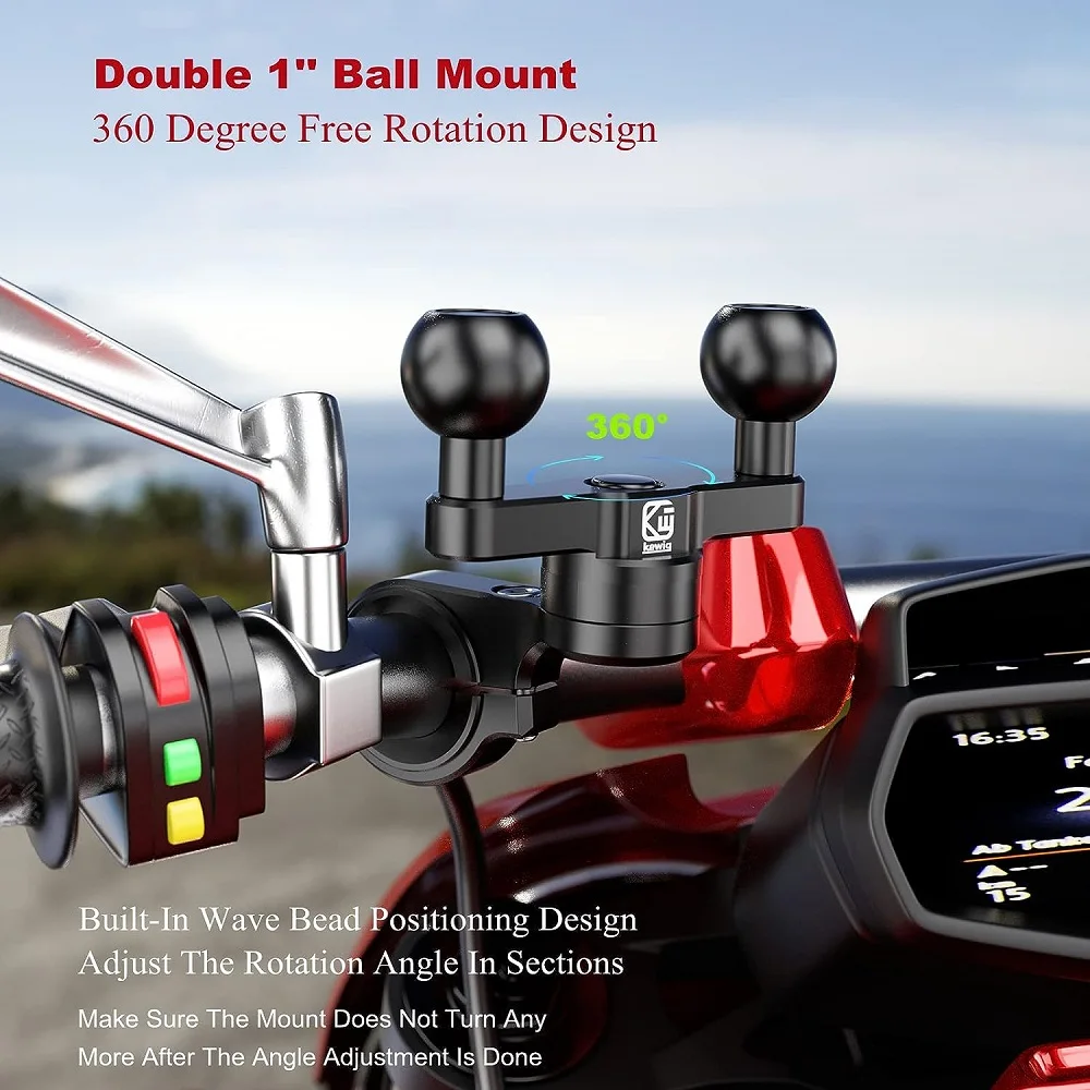 Aluminum Alloy Handlebar Clamp Rear-View Mirror Mount Base with Double 1'' Ball for Double Socket Arm & Motorcycle Phone Holder - Image 3