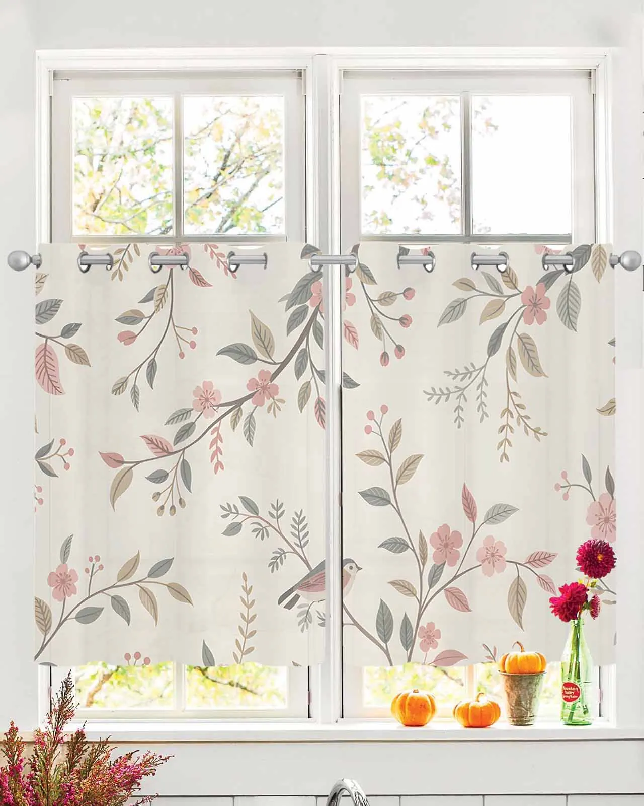

2pcs Tulle Window Curtains Vintage Watercolor Foliage Flowers Bird for Living Room Bedroom Chiffon Sheer Voile Window Curtain