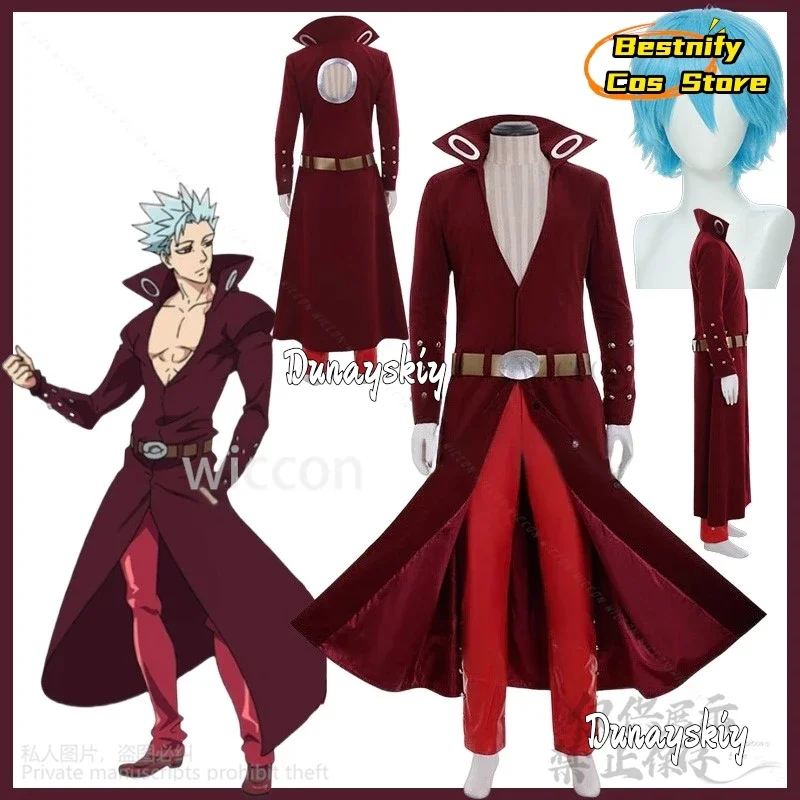 CosplayAnime, disfraz de los siete pecados capitales, disfraz de Ban Fox's Sin Of Greed, abrigo largo rojo con escote en V profundo, pantalones, uniforme Punk Y2K, traje de pelucas