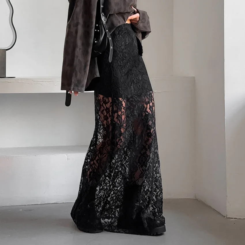 

Lace Jacquard Transperant Skirt Women Summer New High Waist Sexy Casual Long Skirts 2025 Streetwear Fashion black Maxi Skirt