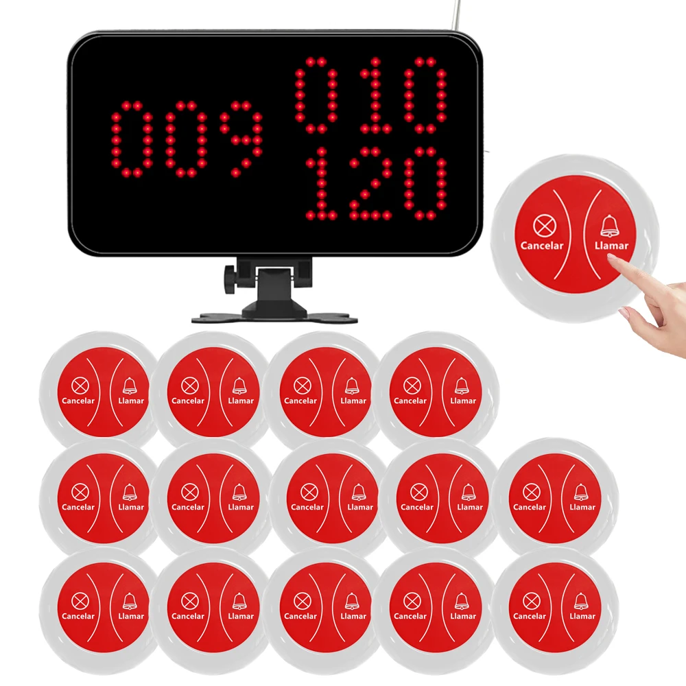 Spanish Kit Restaurant Pager Wireless Waiter Call Bell System 15 Waterproof Table Button & 1 Number Screen for Bar Cafe Clinic