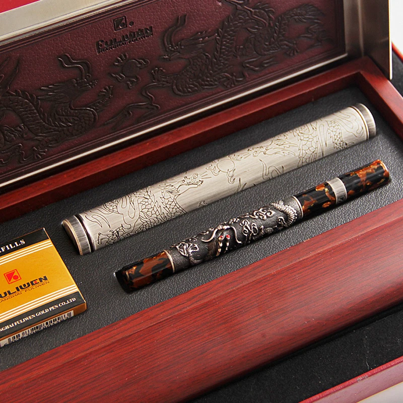 Fuliwen Metal Ancient Gray Fountain Pen Dragon Design Celluloid Grip 14K Gold 0.7mm Nib Ink Pen Writing Tool