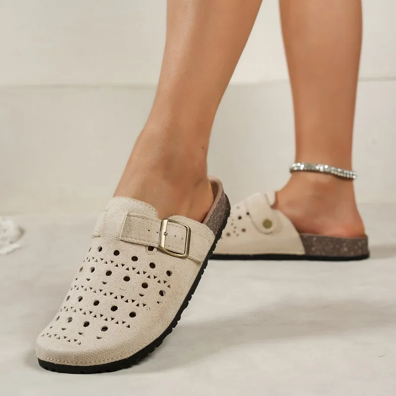 Women's Suede Laser Cutout Buckle Mule Sandals Round Toe Slip-On Comfort Casual Summer Breathable Closed Toe Cork Shoes view 3
