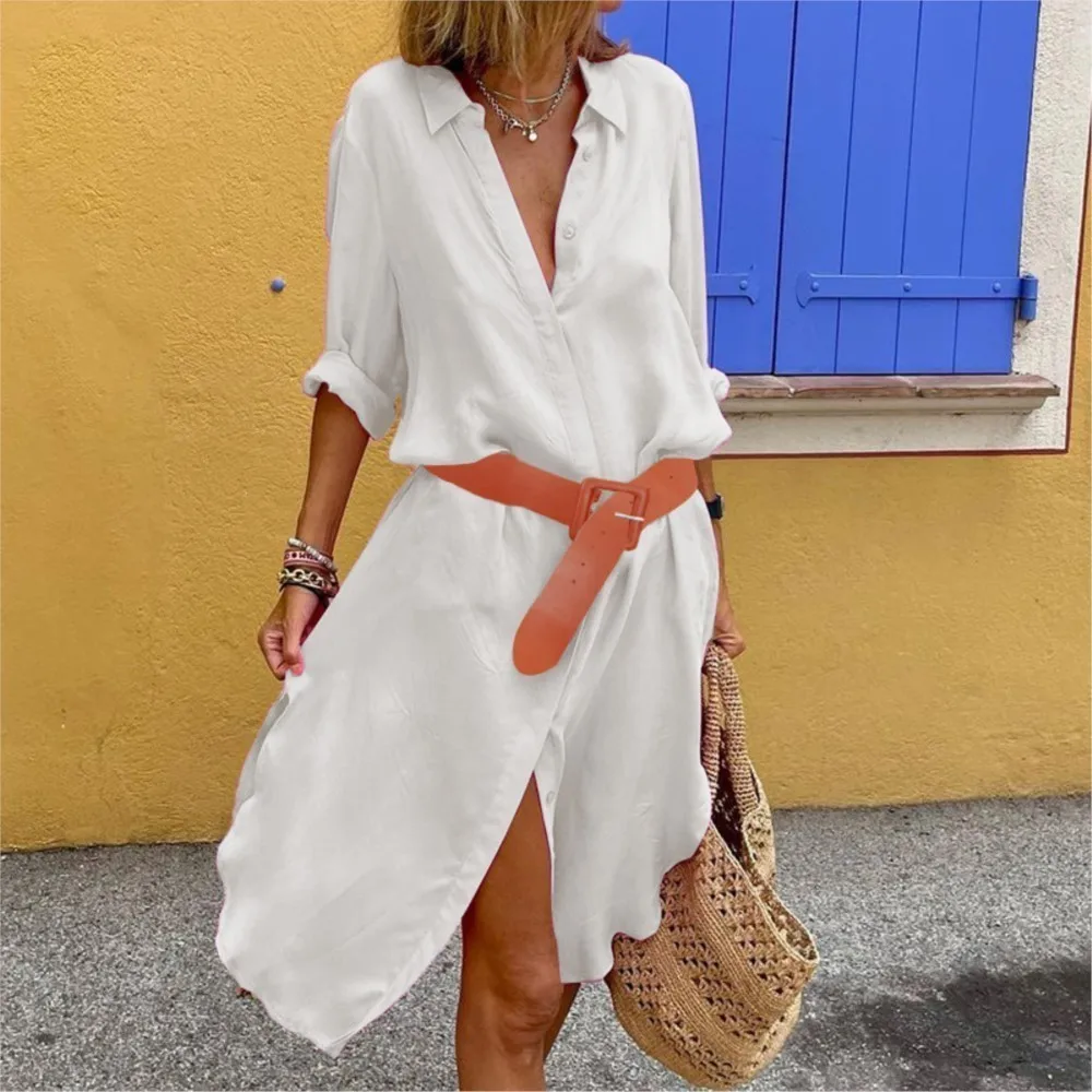 Robe ample décontractée pour femmes, nouvelle collection printemps-automne, à la mode, élégante, couleur unie, revers avec boutons, chemise, 2025