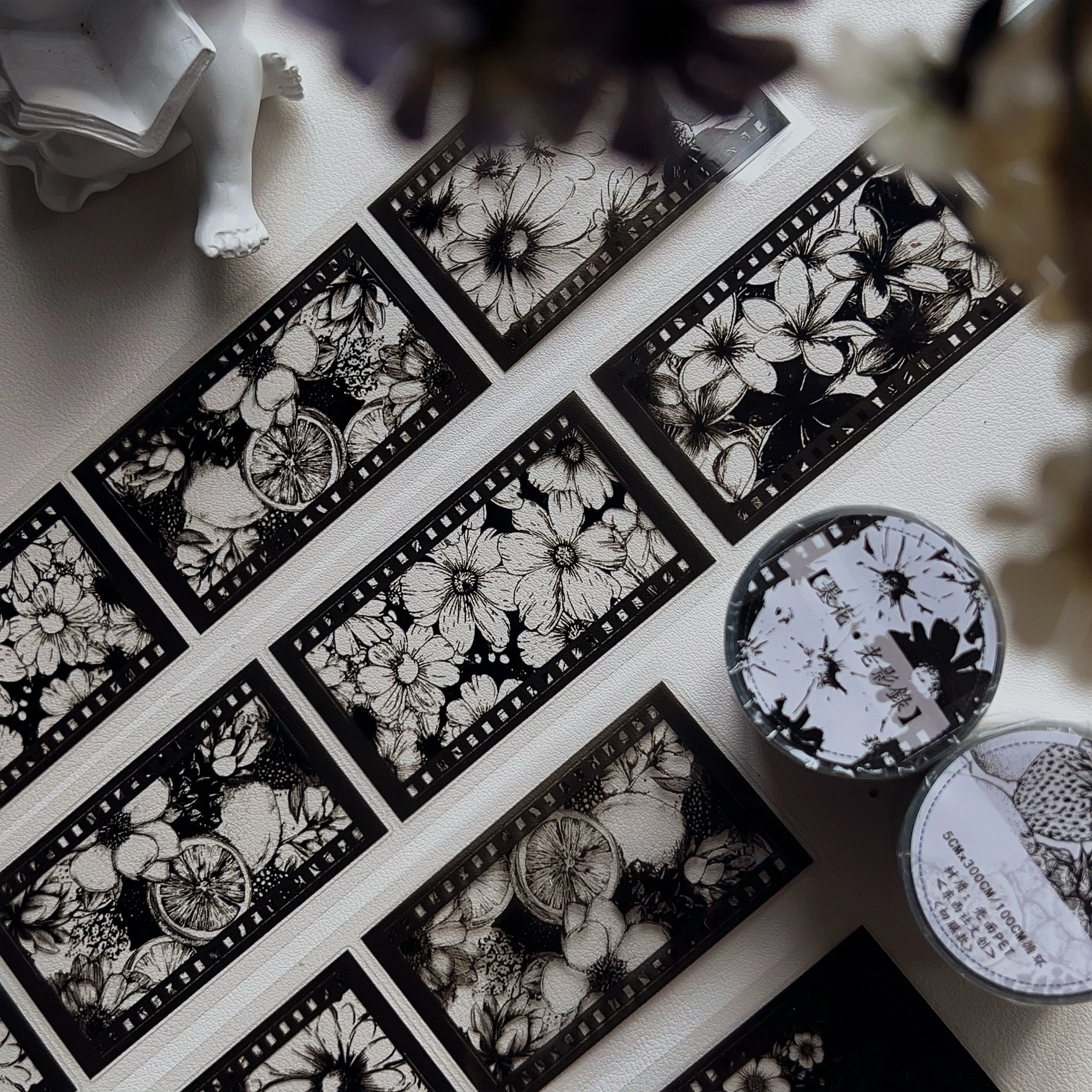 

PET Die-Cut Journal Stickers & Tape | "Ink Blossom • Vintage Film" Collection | Black & White Flower Pattern for Base Layering