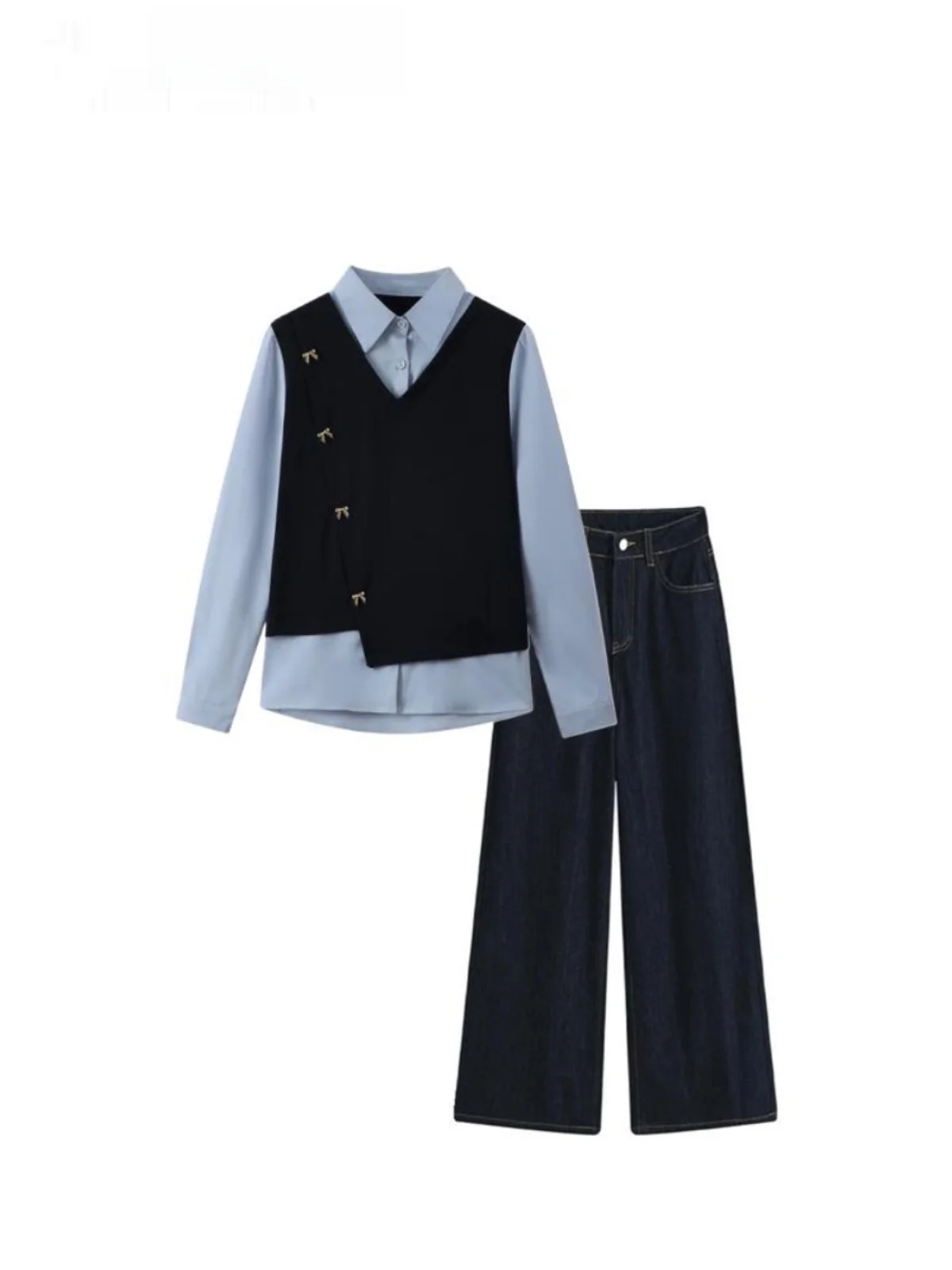 

Elegant plus Size Women's Shirt Jeans Two-Piece Set Long Sleeve Spring Fashion Casual High Waist Trousers Commute Style