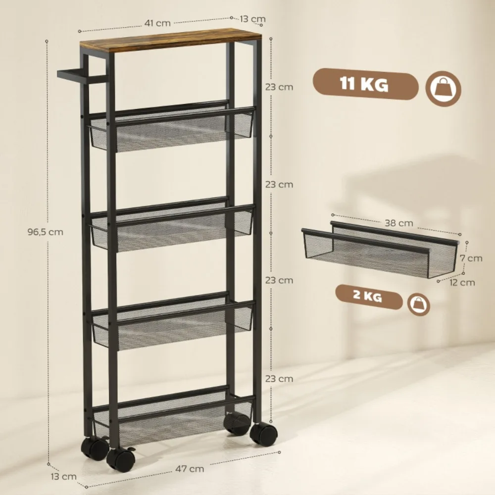 Küchenwagen/Servierwagen mit 5 Regalen, rollendes Küchenregal mit Arbeitsplatte, Rollen und Griff, 47 x 13 x 96,5 cm, schwarz