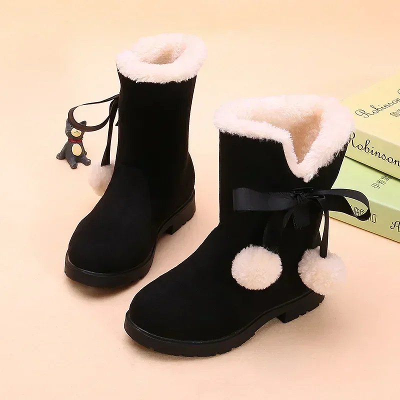 

2025 Autumn/Winter Fashion Sweet Baby Girls Velvet Warm Colorful Bow Square Heel Casual Comfortable Cute Boots Size30-37