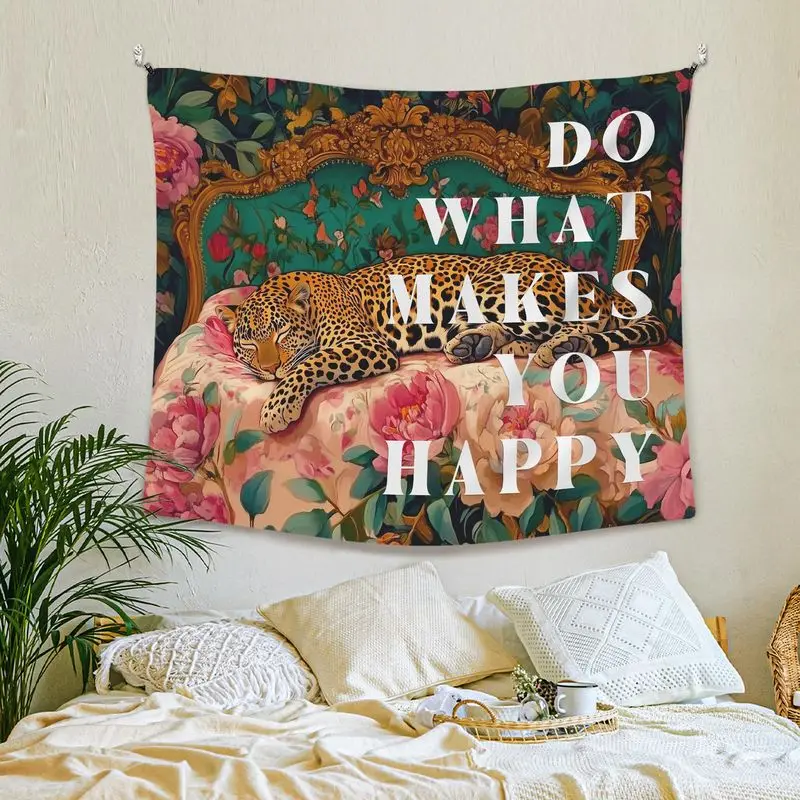VIKAMA Do What Makes You Happy Wall Tapestry Leopard Floral Boudoir Aesthetic Home Decor Cozy Room Soft Durable Gift Washable