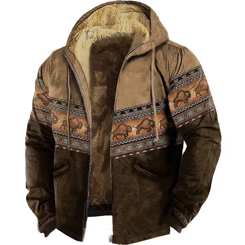 Men's Zipper Hoodies Tribal Graphic Bison Pattern Print Winter Clothing Long Sleeve Sweatshirt Casual Hooded Jacket Outerwear