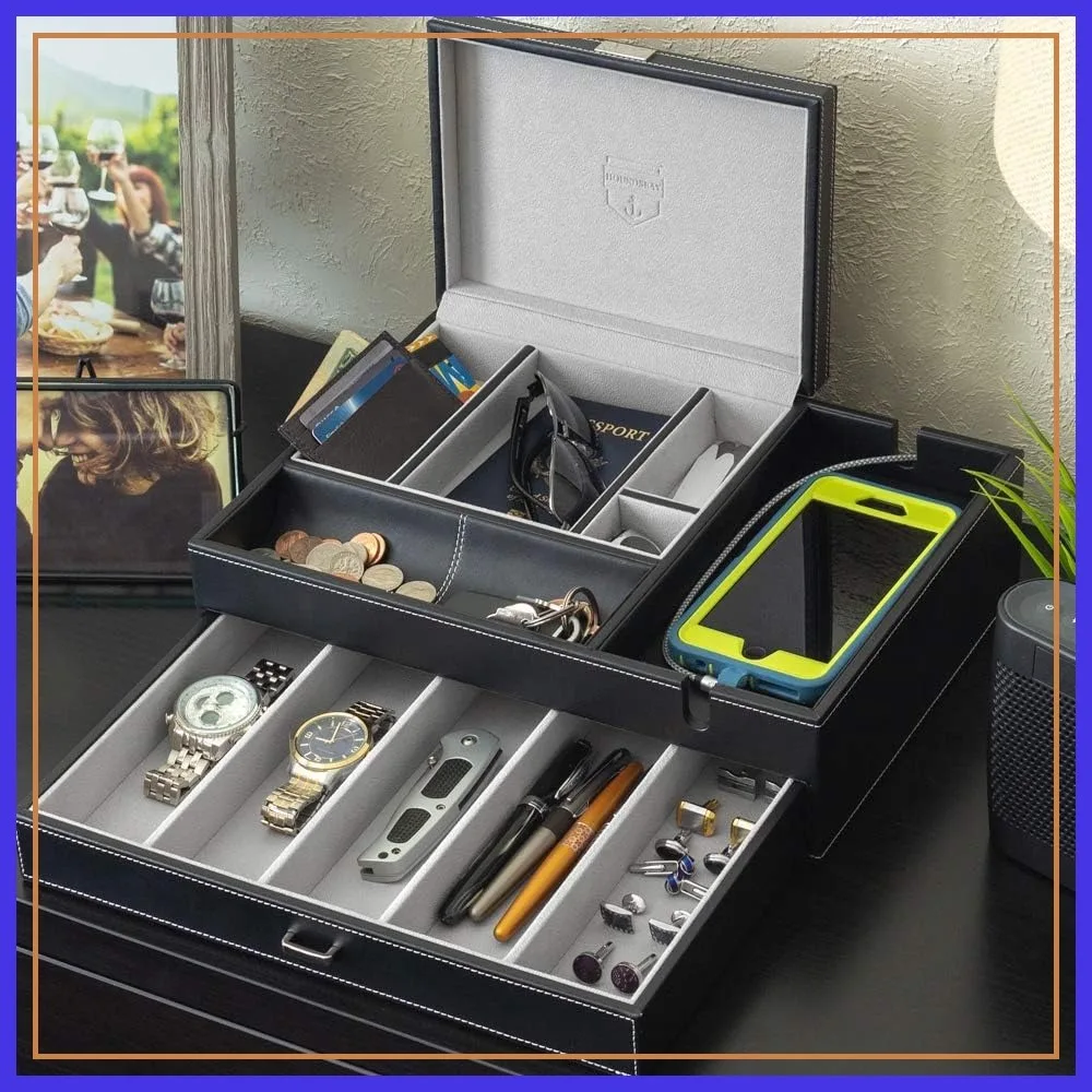 Dresser Valet Box with Large Smartphone Charging Station - Watch & Jewelry Organizer, Grey
