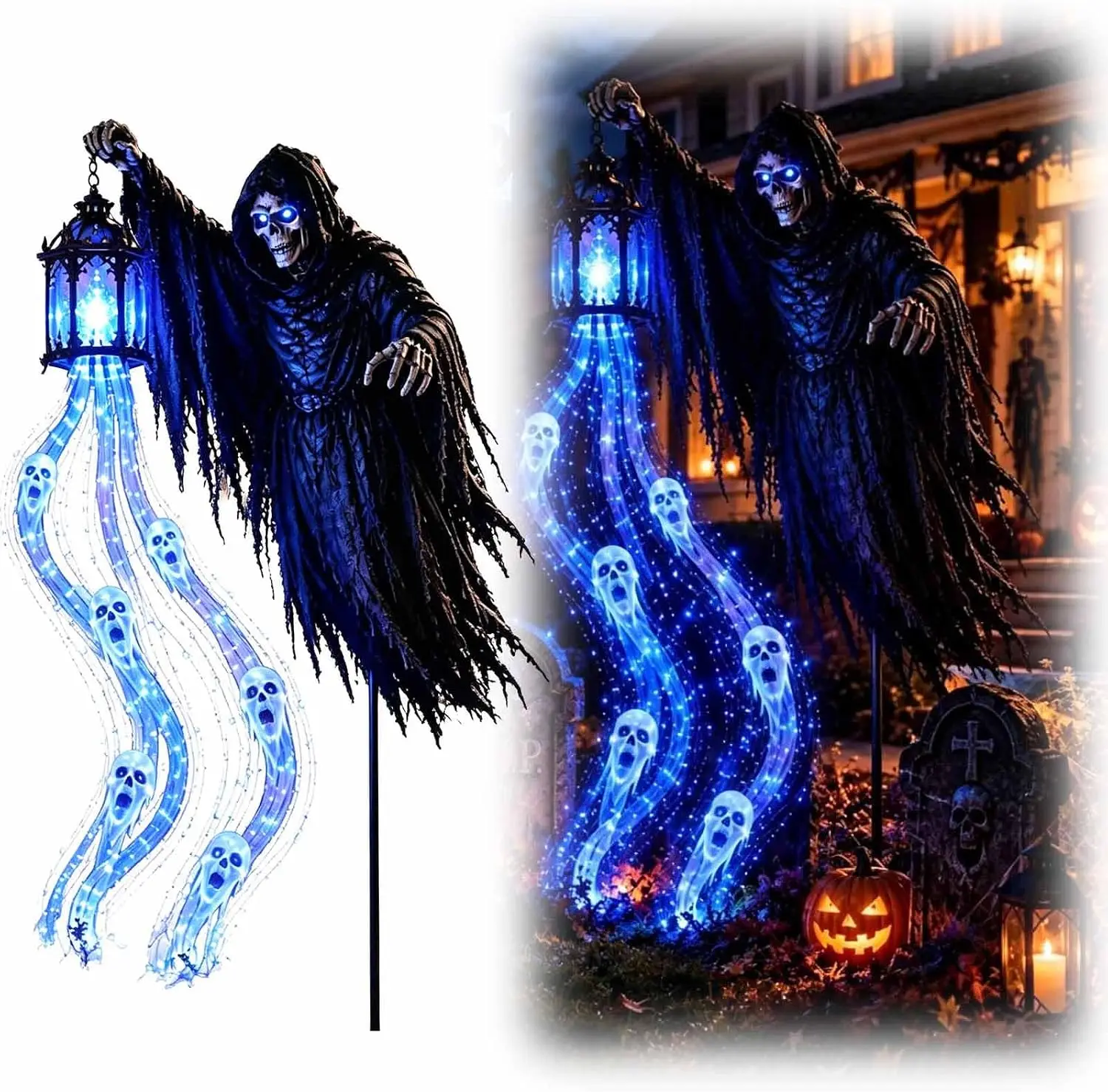 Halloween Soul Harvester Animated Garden Stake Light, Grim Reaper Lantern Resin Glowing Ghost Yard Stake Decoration Ornament
