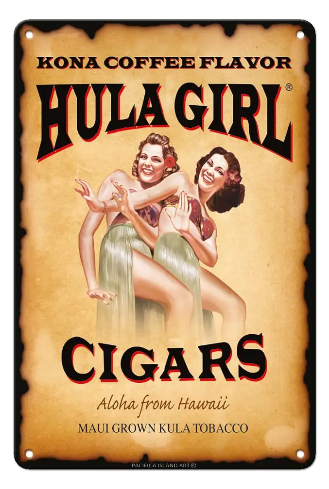 Pacifica Island Art Hula Girl Cigars - Aloha from Hawaii - Kona Coffee Flavor - Vintage Cigar Label - 8 x 12 inch Vintage Metal 