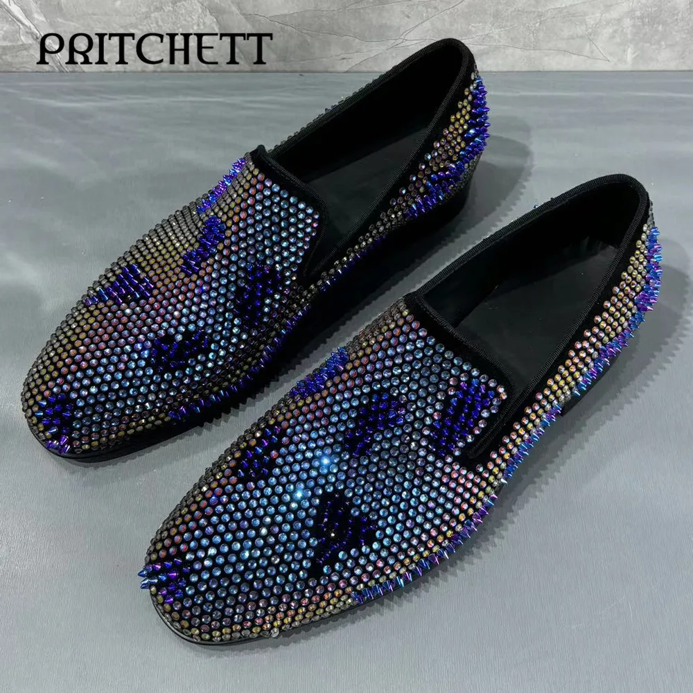 

Purple Rhinestone Colorblock Luxury Loafers Round Toe Slip-On Business Men's Shoes Personality Fashion Studded Casual Shoes