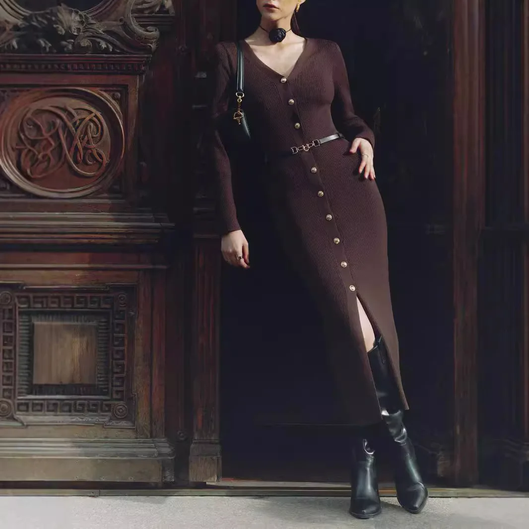 فستان نسائي محبوك بقصة ضيقة بفتحة رقبة على شكل حرف V ، فستان سترة بأكمام طويلة ، بصف واحد ، فتحة ، أحادي اللون ، خريف وشتاء ، جديد #3