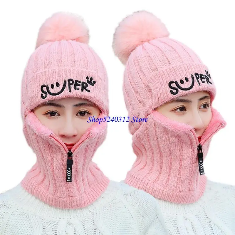 

634C женская зимняя вязаная шапка-бини, Балаклава, шапка с вышивкой из искусственного флиса, на молнии, маска для лица, шапка с