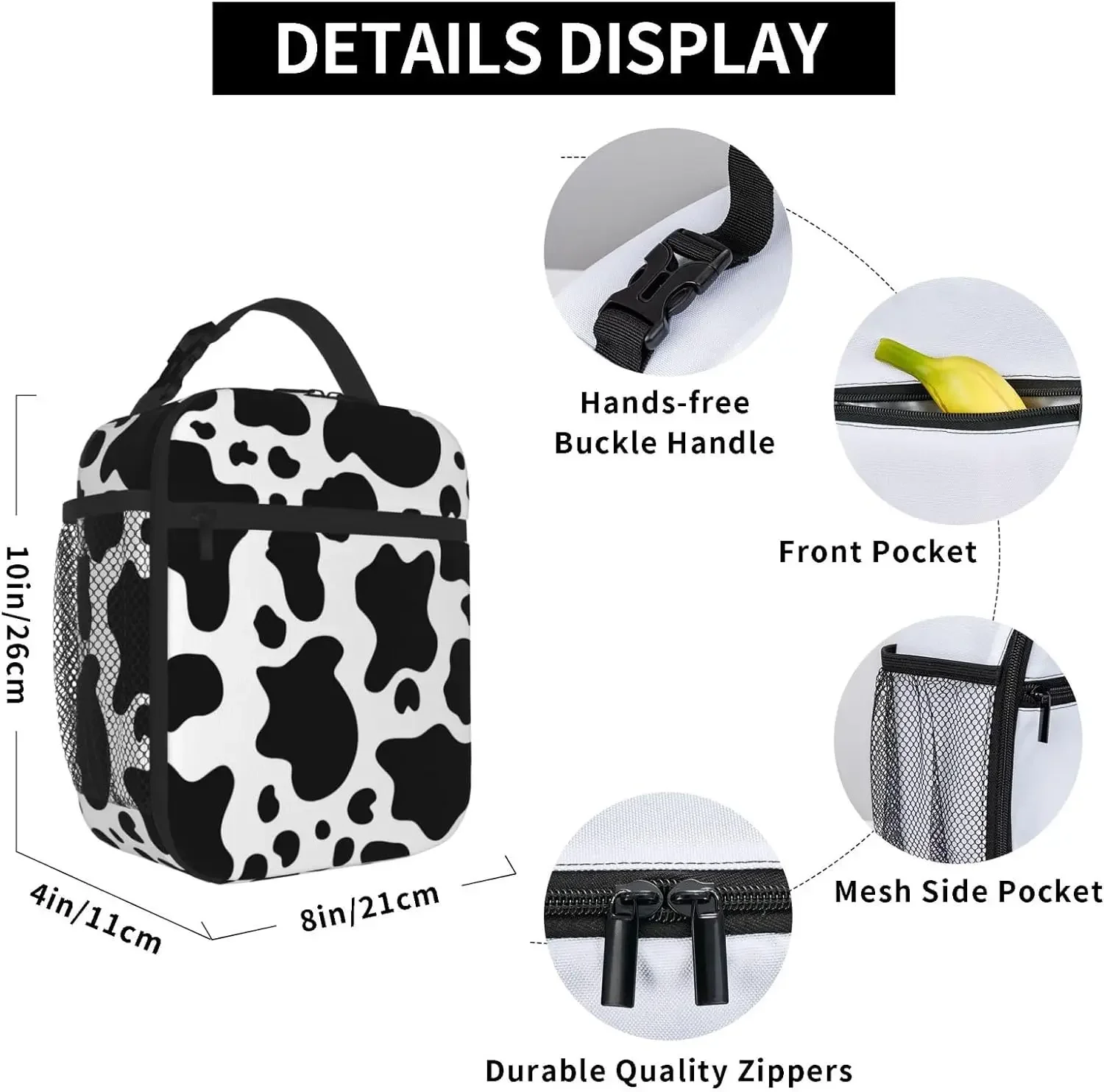 Black And White Cow Lunch Bag Insulated Reusable Lunch Box Cooler Totes with Side Pocket For Work Office Picnic Camping Travel