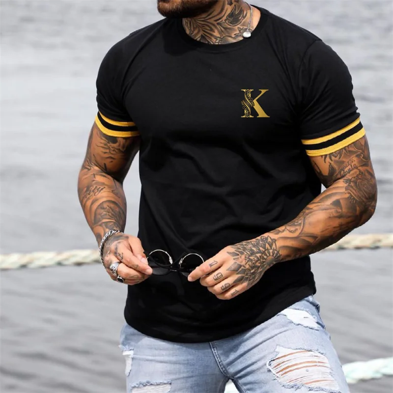 Men\'s Fashion T-shirt Letters K Fitness Casual Tops Male Breathable Printed Short Sleeve Street O Neck Quick Dry Oversized Tees