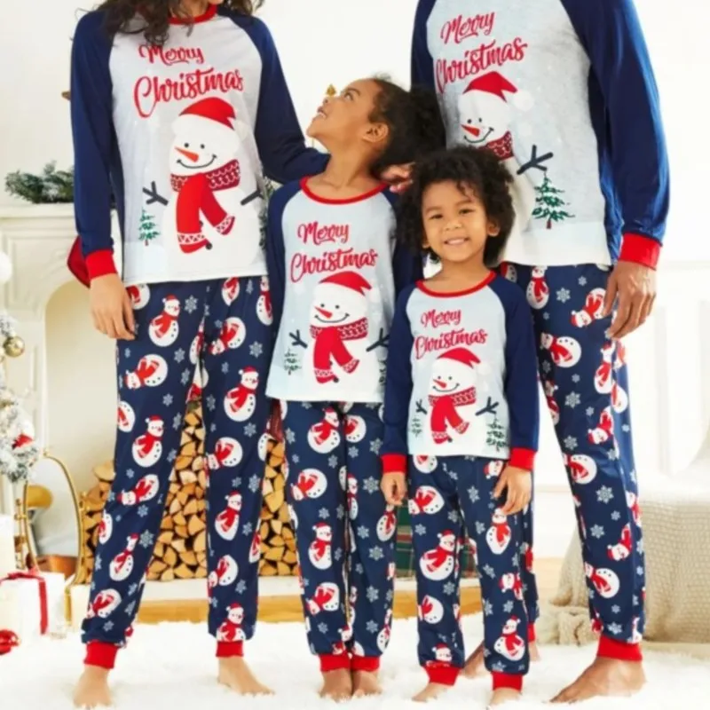 

2024new Christmas festive family home parent-child suit snowman print long-sleeved round neck trousers color matching basic suit