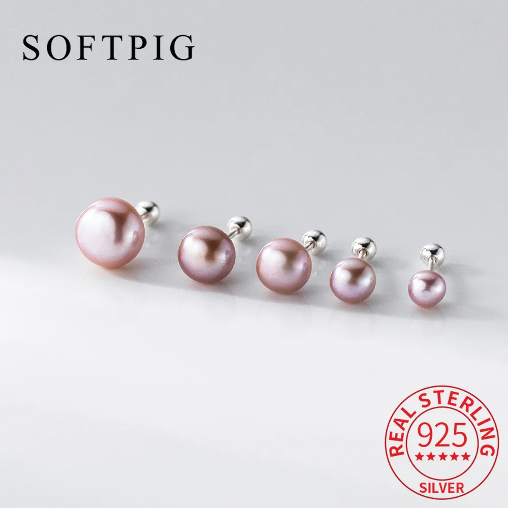 

SOFTPIG Real 925 Sterling Silver Natural Pearl Bead Screw Stud Earrings for Women Classic Fine Jewelry Light Luxury Accessories