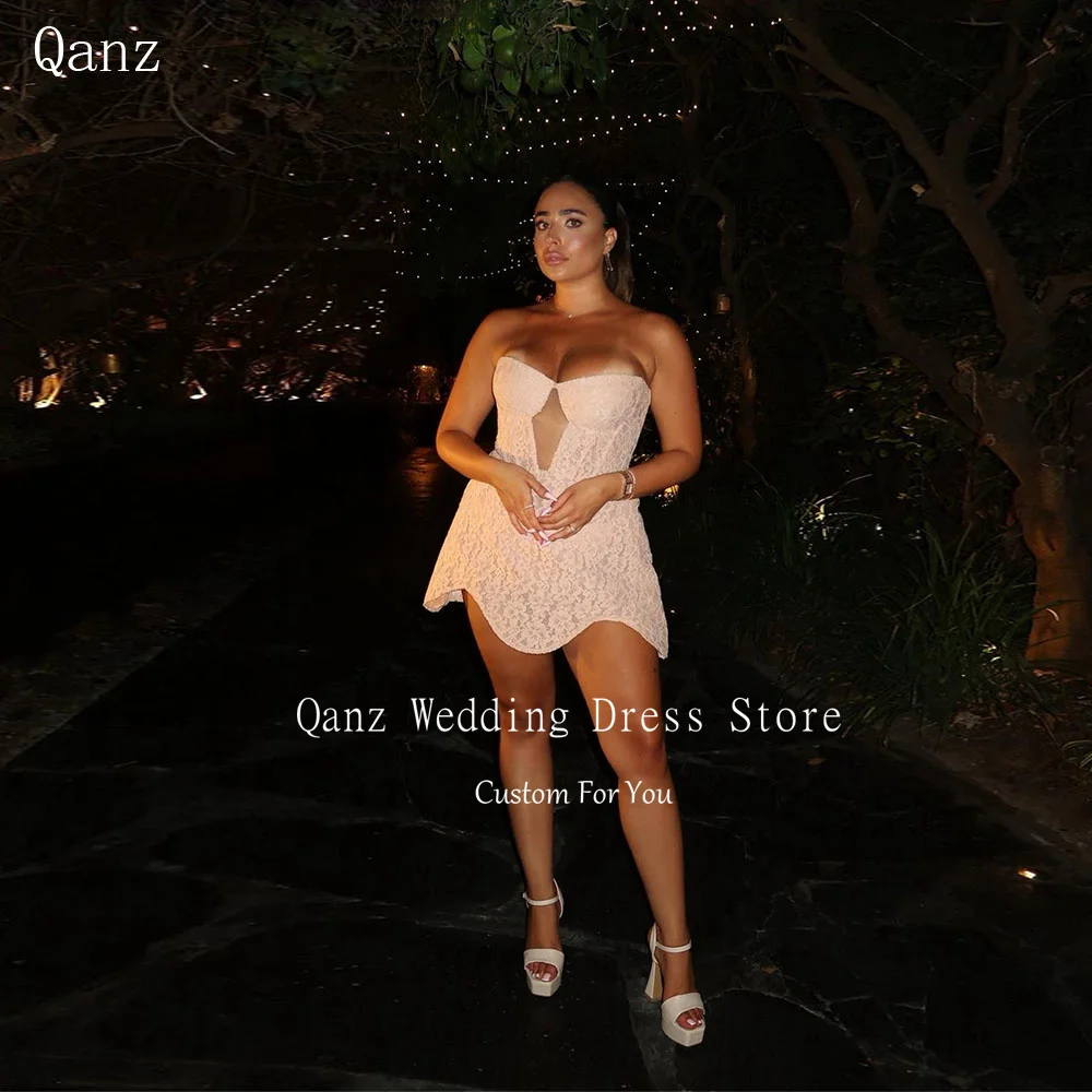 

Qanz Chic Lace Appliques Prom Dresses Sweetheart Mini Dresses For Wedding Guests Pink Dress Woman Elegant Party Customized