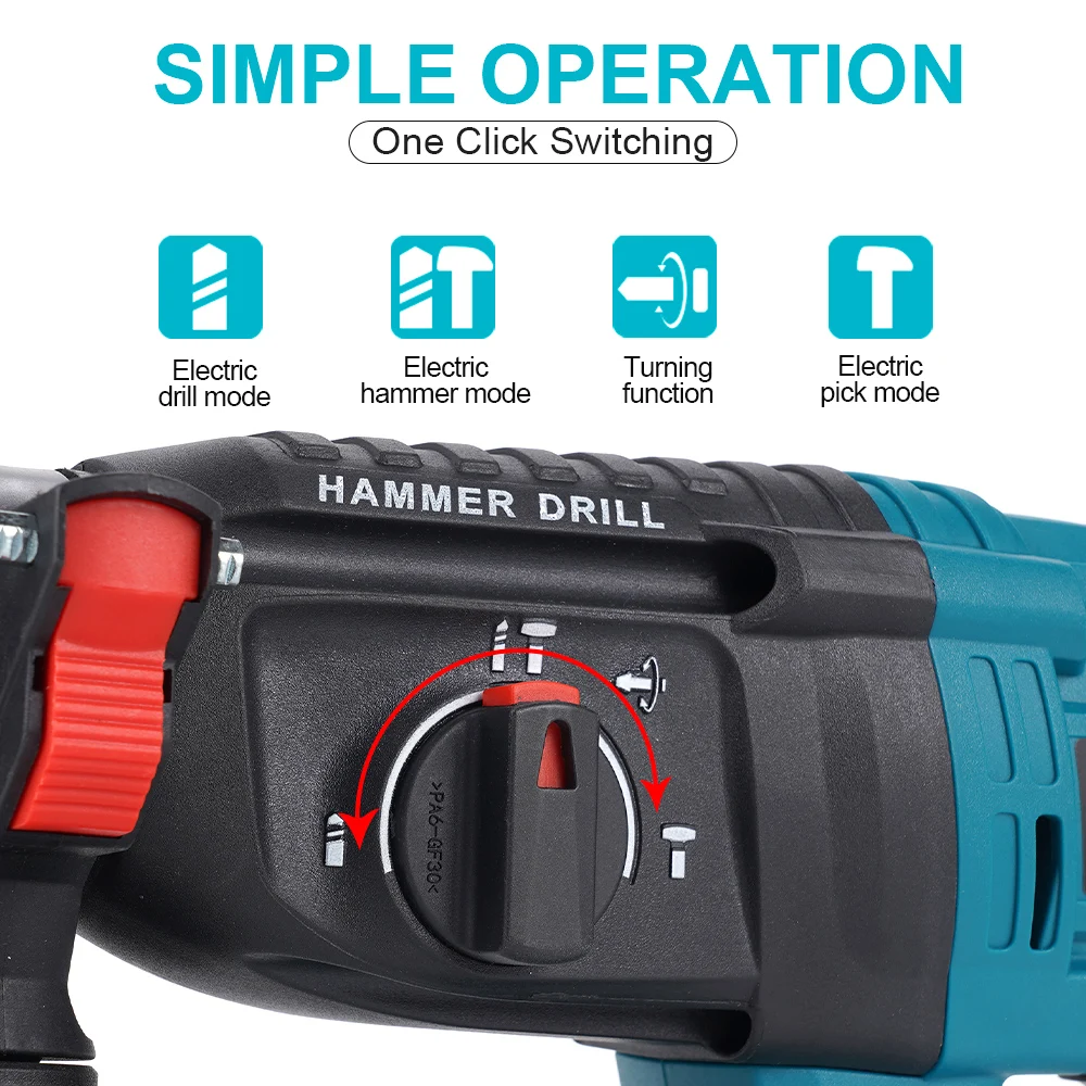 Hormy Brushless Electric Hammer Cordless Impact Drill Multi-function Rotary Hammer Concrete Electric Pick For Makita 18V Battery