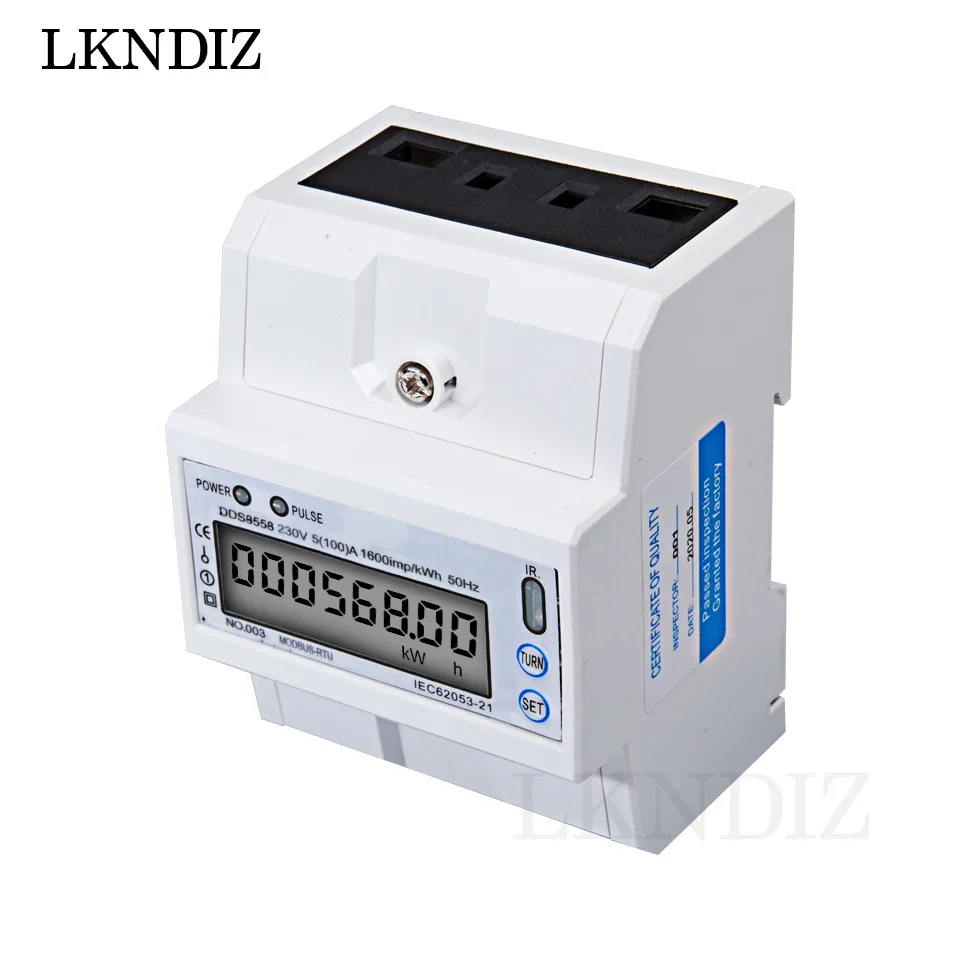 مقياس طاقة استهلاك كهربائي أحادي الطور 5 (100) شاشة Modbus-Rtu RS485 كيلووات في الساعة مع إضاءة خلفية لسكك الحديدية DIN