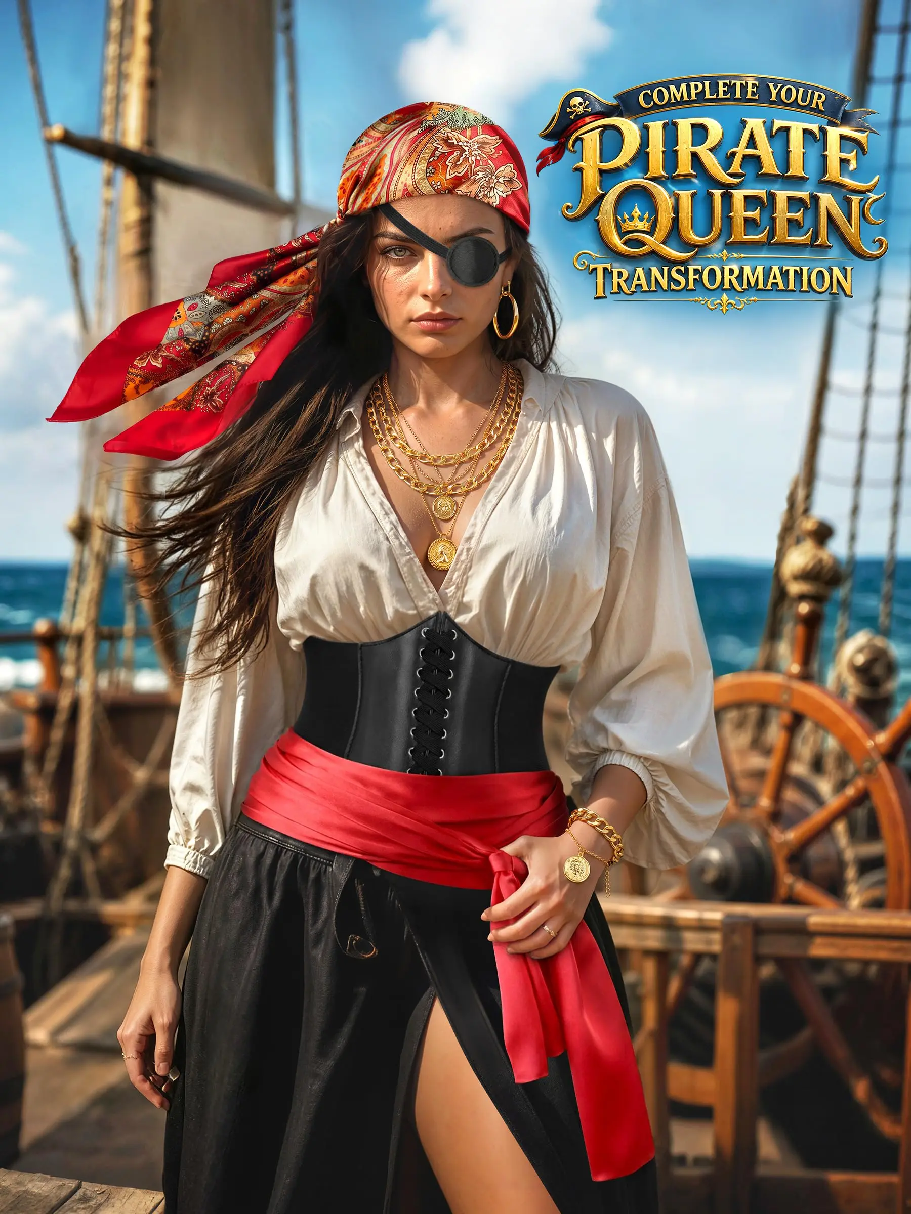8PCS Pirate Costume Accessories for Women Halloween Pirate Costume Set Pirate Look with Adjustable Corset Belt, Head Scarf, Waist Sash, Necklace, Earrings Eye Patch, Coins Pouch for Pirate Party