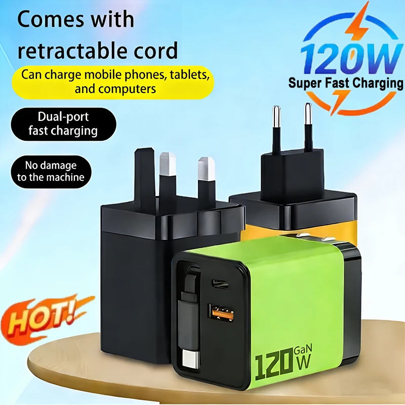 

3 In 1 120W GaN Charger USB Type C Fast Charging Phone Charger Adapter With Retractable USB C Cable Wall Plug For iPhone Huawei
