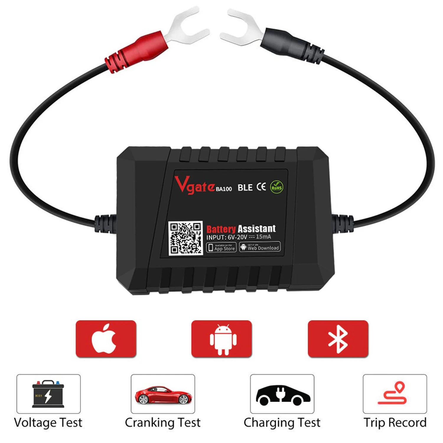 2023 Newest Vgate BA100 Car Battery Tester 12V Monitor Bluetooth 4.0 Battery Assistant work with iOS & Android Battery helper