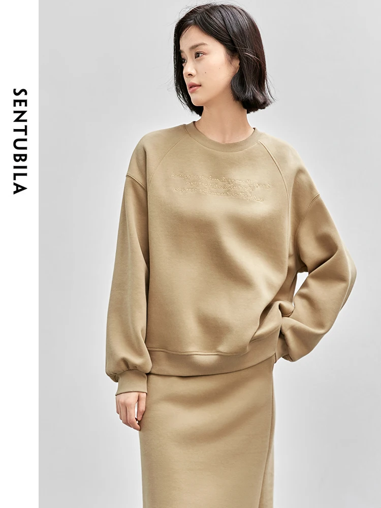 SENTUBILA Women Cotton Sweatshirt Set 2024 Autumn Letter Embroidery Tops Fashion Mermaid Skirt 2 Piece Set Match Set 143Z56391