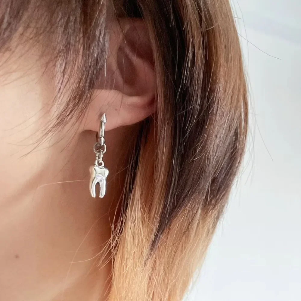 Creative Design Rivet Bone Drop Dangle Earrings for Women Men Punk Style Silver Color Tooth  Hoop Jewelry Rock Party Accessories