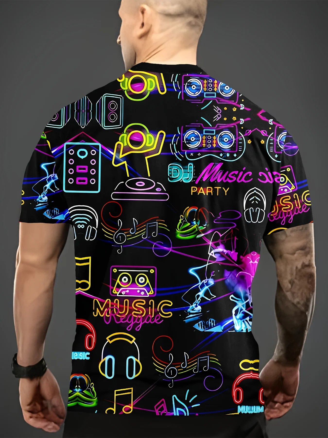 Herren Neon DJ Musik Party Print T-Shirt Schwarz Bunte Noten Kopfhörer Streetwear Tee – Detail 4