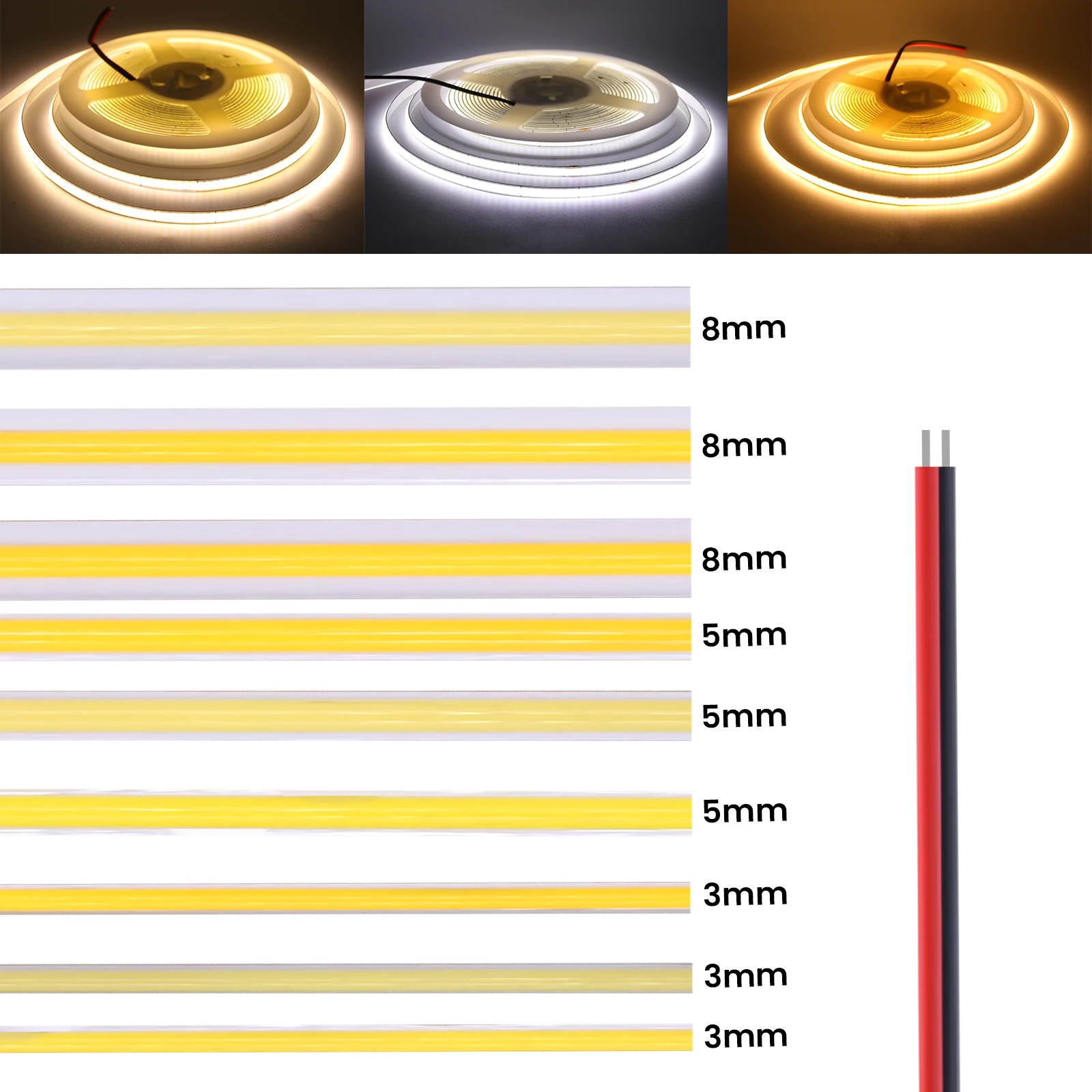 COB LED Strip Light, alta densidade, fita flexível, fita FOB, Natural Branco, Vermelho, Verde, Azul, 3mm, 5mm, 8mm de largura, 5V, 320LEDs/m