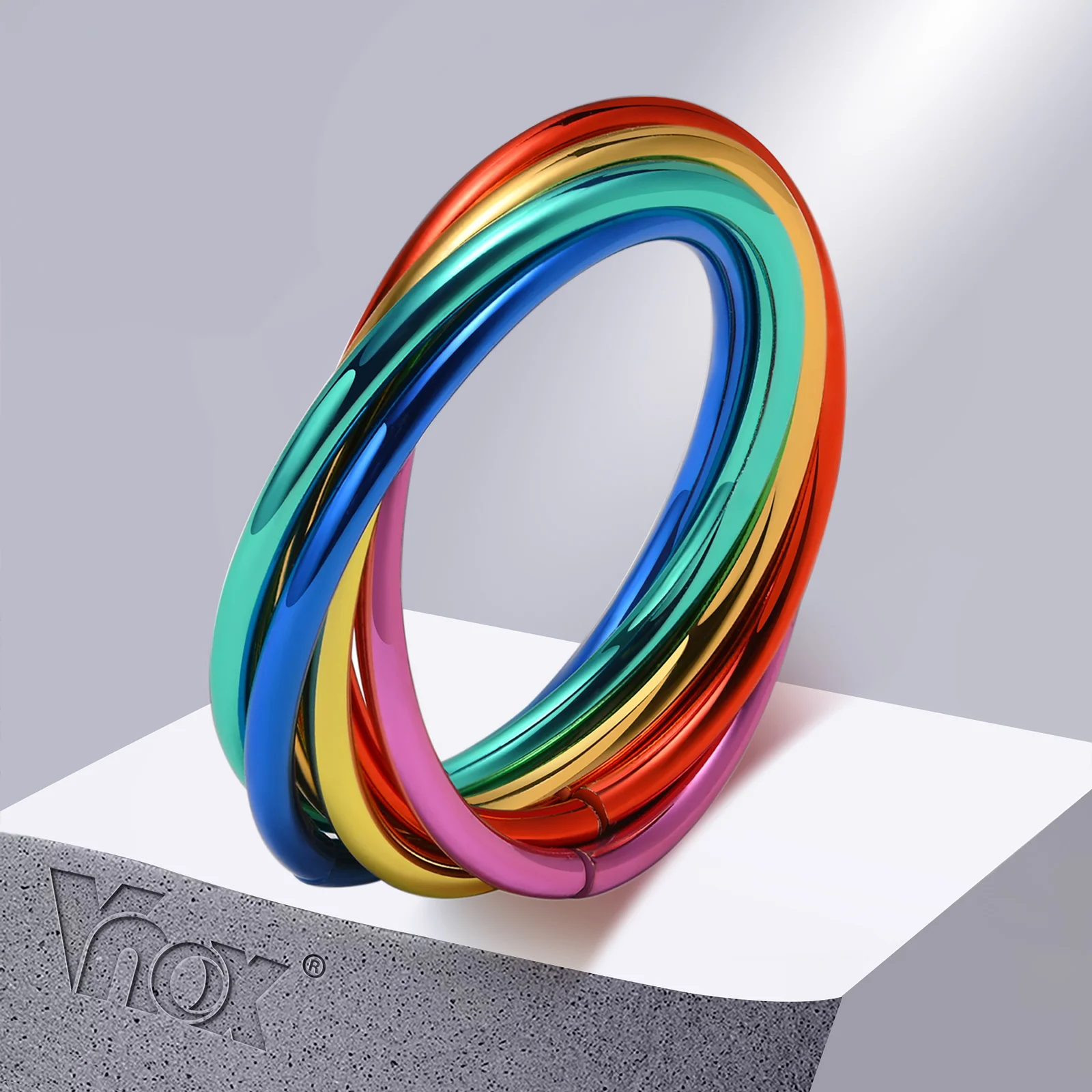 Vnox New Unique LGBTQ Pride Interlocked Rolling Rings for Women Men, Rainbow Color Stainless Steel Stacking Finger Ring Jewelry