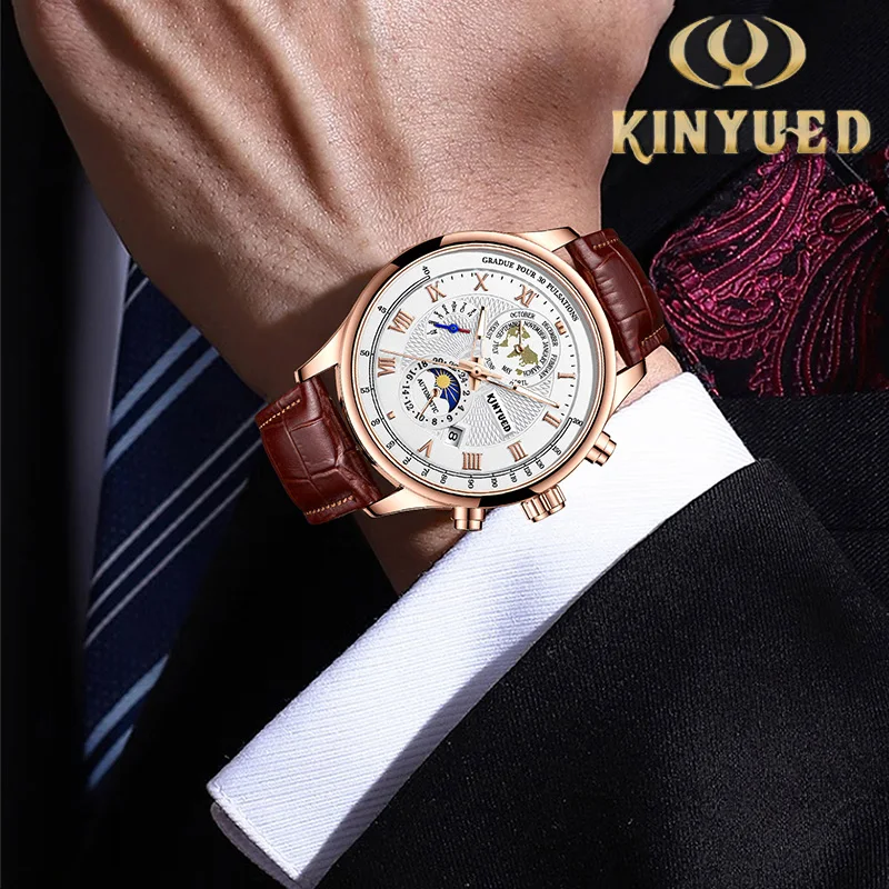 KINYUED Luxury Men's Watch Leather Strap Moon Phase Watches for Men Automatic Movement Date Business Male Mechanical Wrist Watch