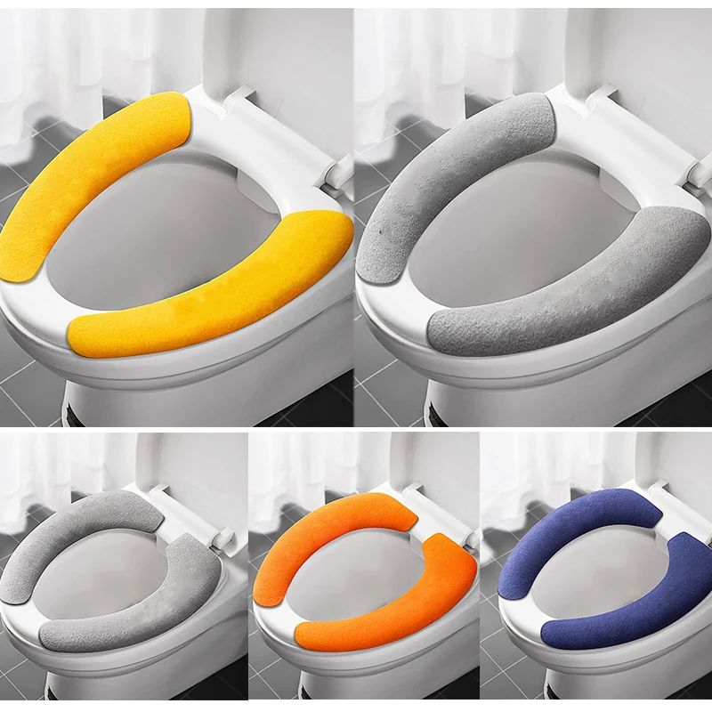 2Pc/set Reusable Toilet Seat Cover Warm Flannel Toilet Sticker Seat Pad Washable Bathroom Warmer Seat Bathroom Cushion Pad