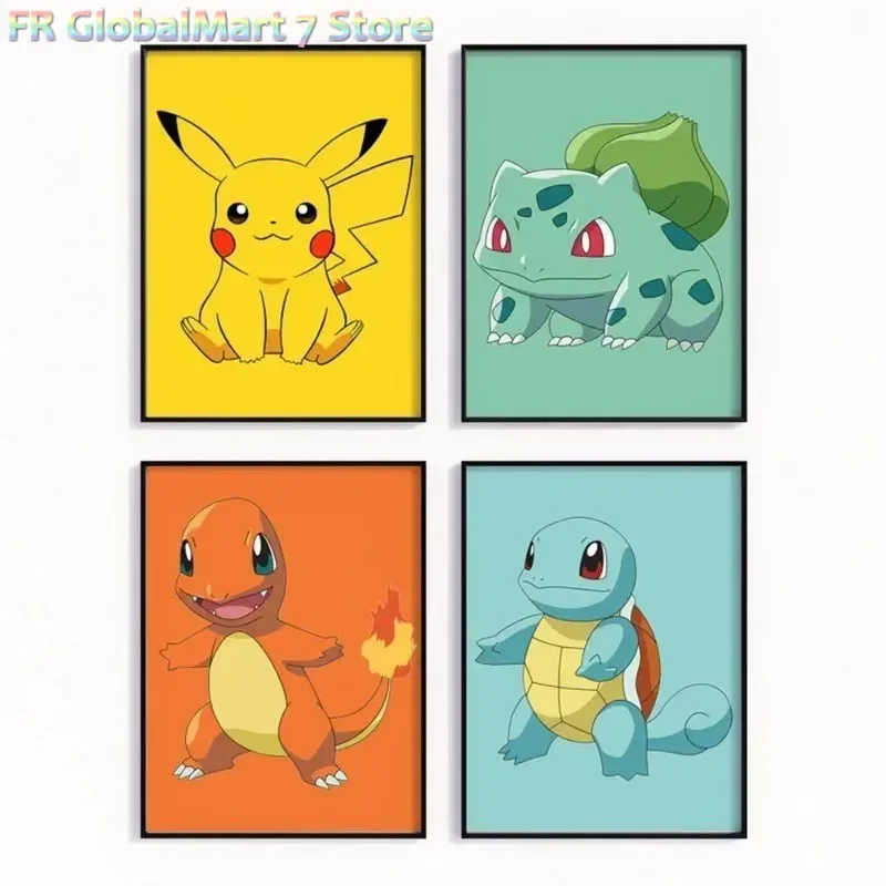 Pokémon Decorative Frameless Cartoon Pikachu and Charmander Squirtle Printed Room Decorative Canvas Poster Mural Holiday Gift