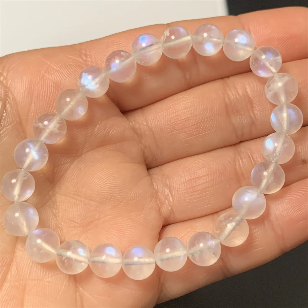 

Only 1Piece Natural Transparent Blue Light Moon Stones Bracelets for Women Healing Moonlight Clear Beads Silver Light Moonstone