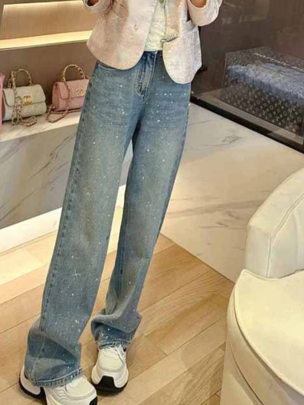 

Светло-голубые джинсы с высокой талией iny Diamond, женские летние свободные утягивающие повседневные прямые брюки, корейские универсальные брюки...