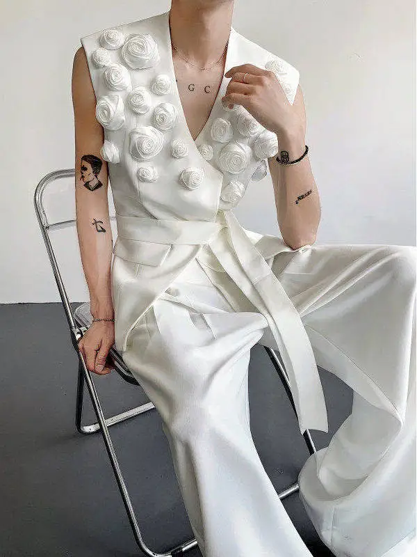 Male 2025 Summer New Sleeveless Fashion Suit Vests Male High-end Niche Three-dimensional Rose Tank Tops Trendy Masculinity Vest