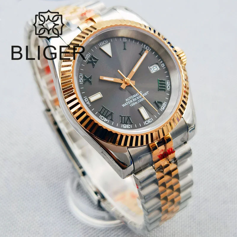 

BLIGER 36mm/39mm NH35A Automatic Men Watch Two Tone Rose Gold Sapphire Glass Grey Dial Index Steel Strap Bracelet