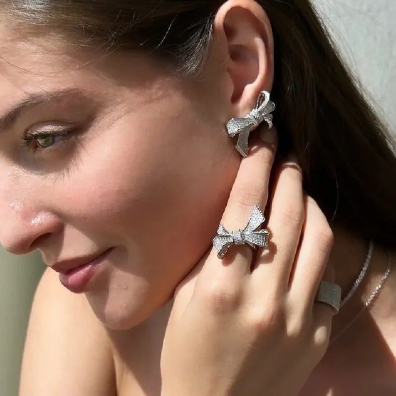 Micro Paved 5A Cubic Zirconia Fashion Women Jewelry Sparking Bling Silver Color Lovely Bow Stud Earring Necklace Set