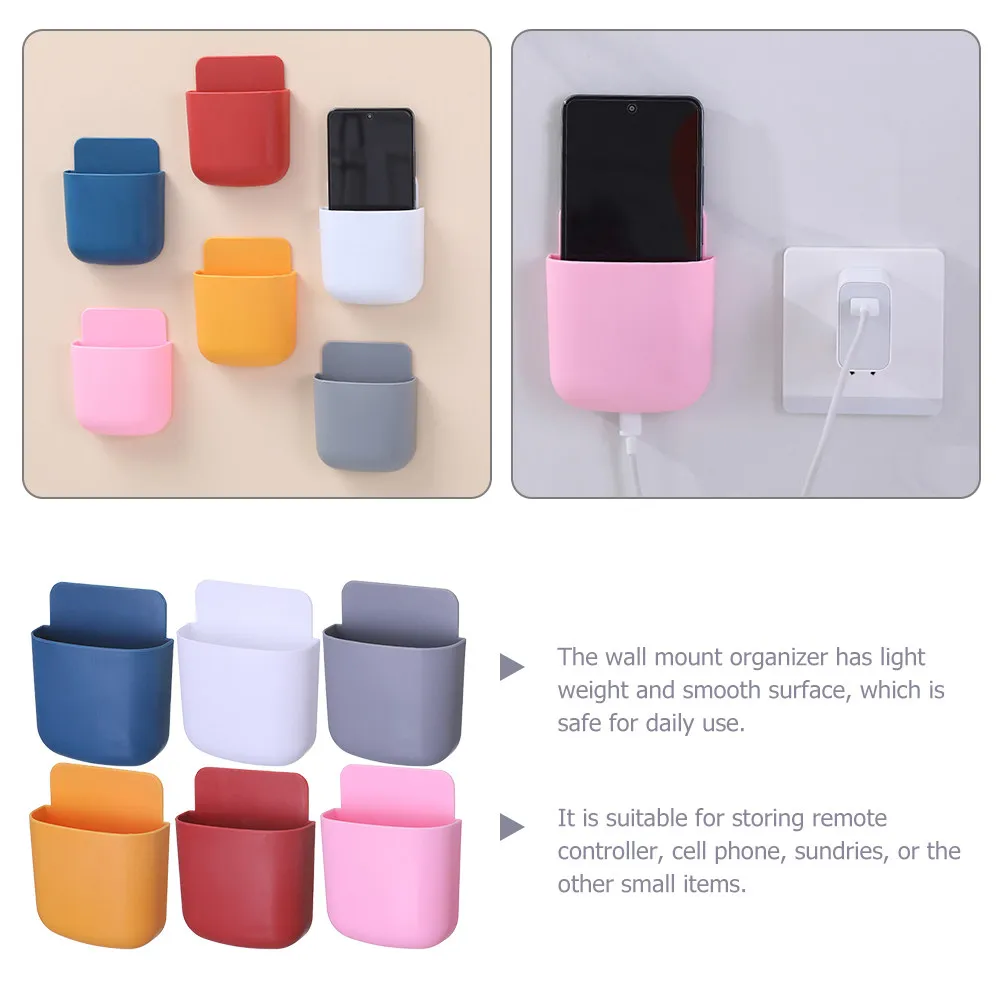 6Pcs Wall Mount Phone Organizer Remote Controller Storage Box Space-Saving Wall Mounted Smartphone Bracket for Home Office Phone