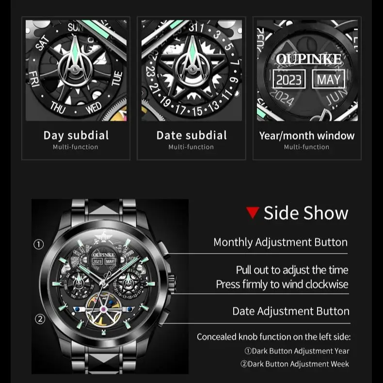 OUPINKE 3233 ساعة رجالية هيكل عظمي أسود دولاب الموازنة العصرية للرجال ساعة ميكانيكية أوتوماتيكية بالكامل متعددة الوظائف ساعة رجال الأعمال #4